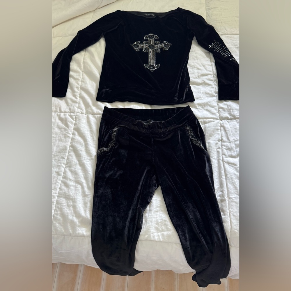 Philipp Plein Black Velvet Pants & Top Set, S